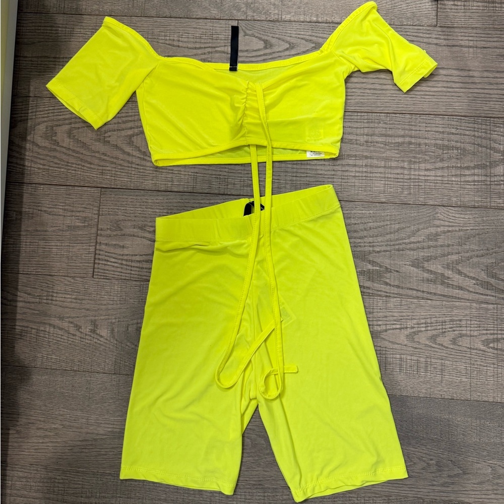 Neon Yellow Off-Shoulder Top and Shorts Set